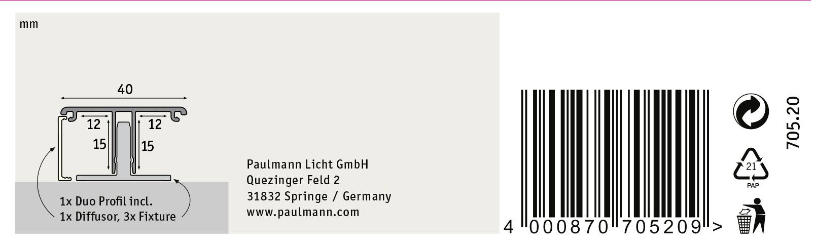 Štítok čiarového kódu s textom '1x Duo Profil vrátane 1x Difúzora, 3x Fixácia' a adresou firmy 'Paulmann Licht GmbH, Nemecko'.