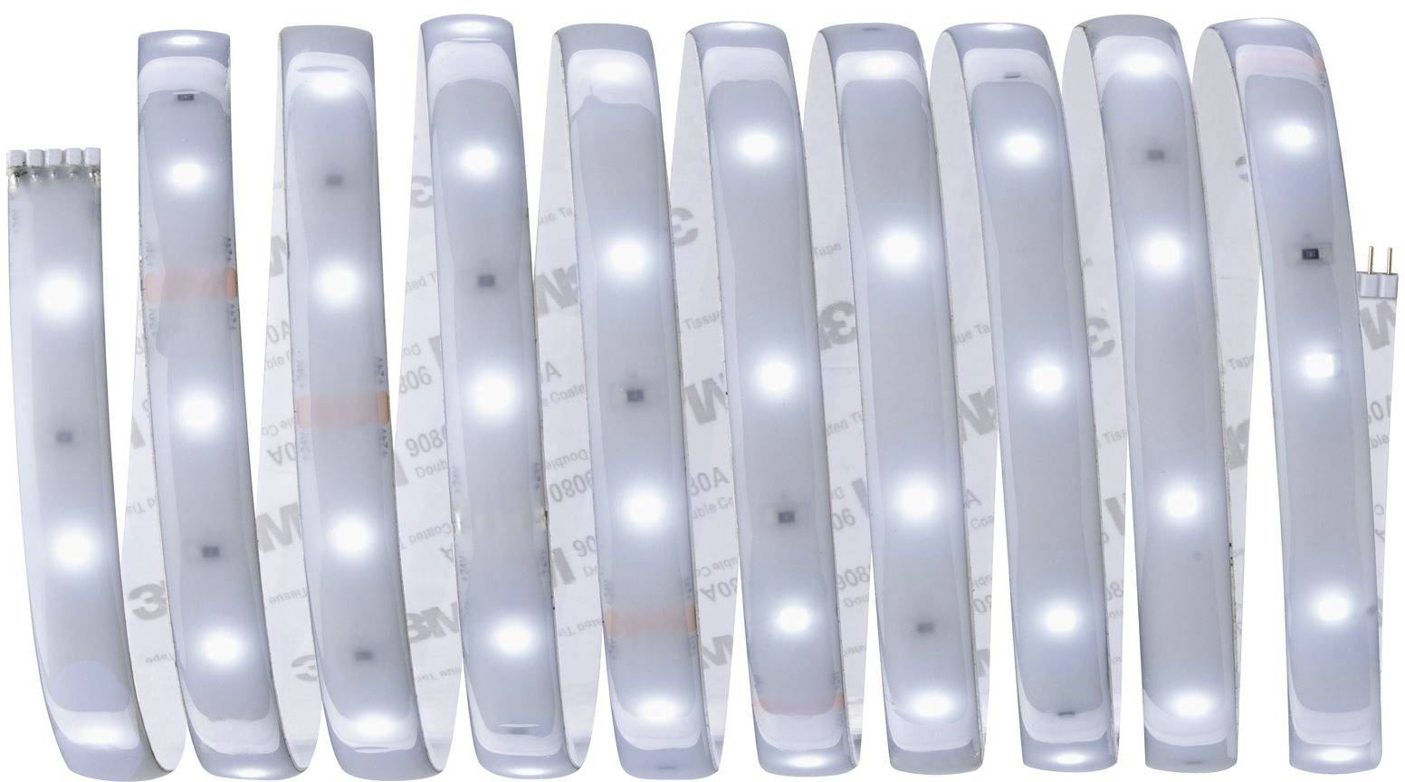 Biela LED svetelná lišta s viacerými svietiacimi segmentmi, rovnobežne usporiadanými pred svetlým pozadím.