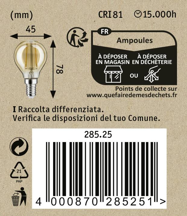 Ilustrácia obalu žiarovky s pokynmi na recykláciu vo francúzštine, šípkami pre správnu likvidáciu a čiarovým kódom.