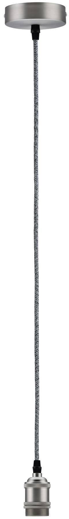 Strieborná stropná závesná lampa s dlhým, spleteným káblom a kovovým tienidlom.