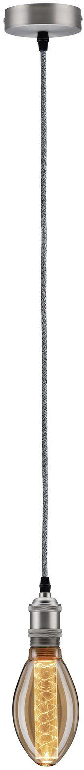 Žiarovka so viditeľným žeraviacim vláknom zavesená v striebornej objímke, ktorá visí na čierno-bielom kábli.