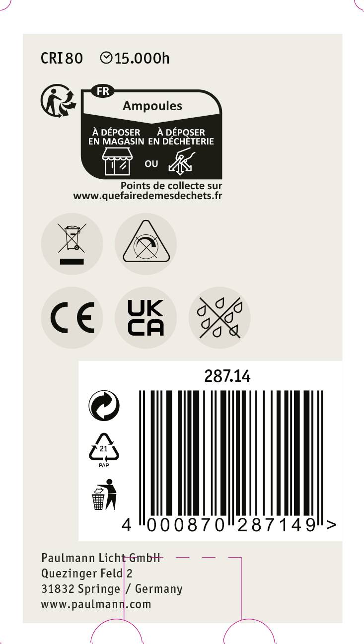 'Etiketa Paulmann Licht GmbH: Informácie o žiarovkách. Symboly pre recykláciu a certifikáty. Čiarový kód a adresa výrobcu.'