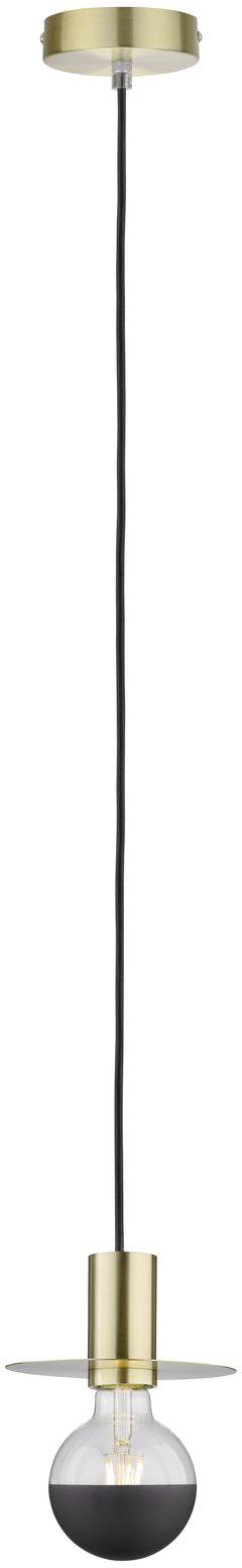 Závesné svietidlo s čiernym káblom, zlatým soklom a priehľadnou žiarovkou.