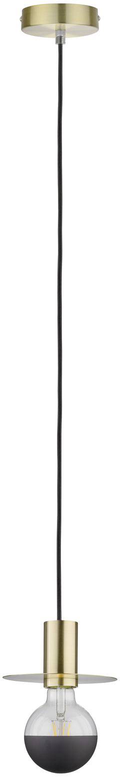 Závesná lampa s žiarovkou, čiernym káblom a zlatou objímkou.