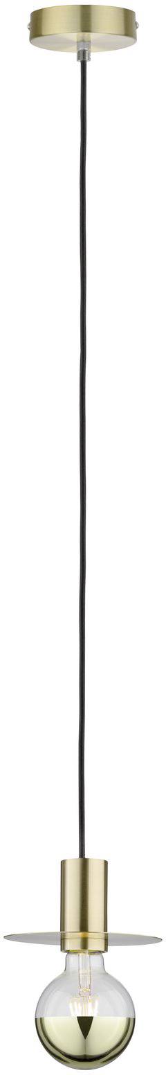 Závesná lampa s dlhým čiernym káblom, zlatou objímkou a guľatým svetelným telesom.