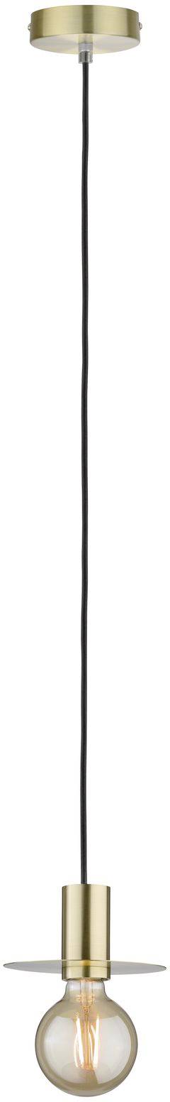 Závesná lampa so zlatým obložením a priehľadnou žiarovkou, zavesená na čiernom kábli od stropu.