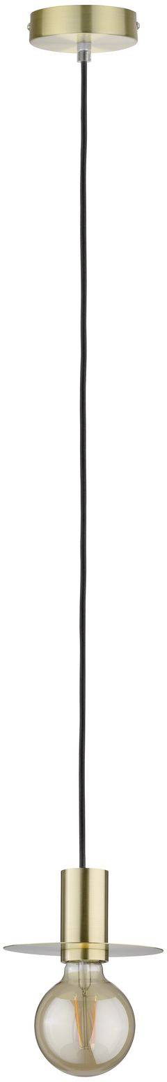 Elegantná závesná lampa so zlatým úchytom a viditeľnou žiarovkou zavesená na čiernom kábli. Ideálna pre moderný interiér.