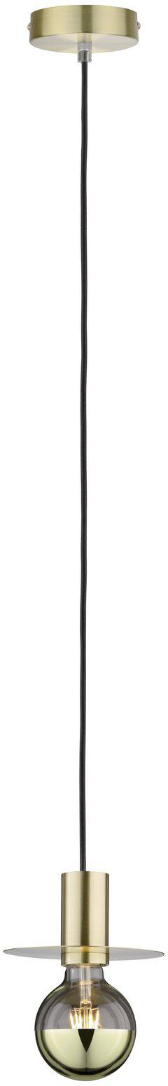 Závesná lampa so zlatým uchytením, čiernym káblom a žiarivým svetelným zdrojom, vhodná do moderných interiérov.