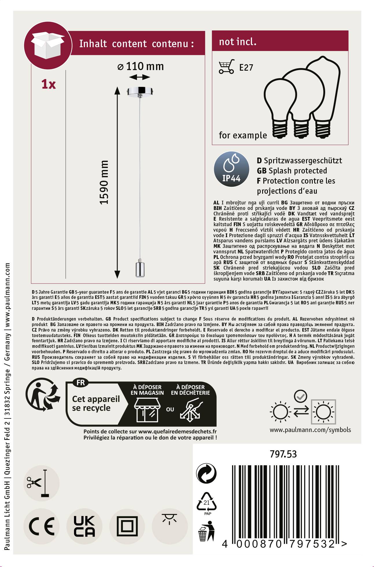 'Stojanová lampa: Výška 1590 mm, priemer 110 mm. Vyžaduje 1x žiarovku E27 (nie je súčasťou balenia). Chránená proti striekajúcej vode (IP44).'
