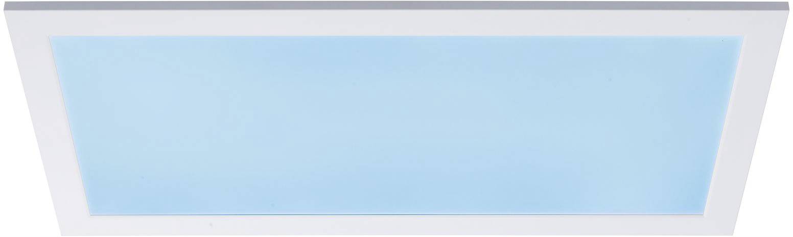 Obdĺžniková stropná lampa s modrým svetlom, orámovaná bielym rámom, vhodná do moderných interiérov.