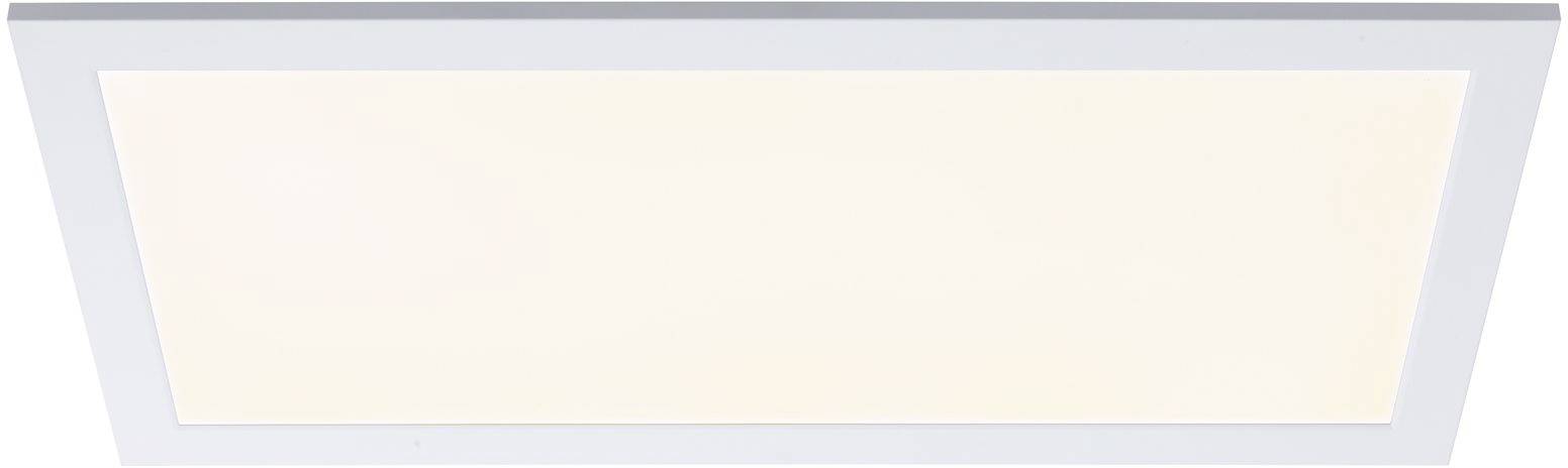 Obdĺžnikový, plochý LED panel v bielom ráme. Vyžaruje rovnomerné, teplé biele svetlo, vhodné pre priestorové osvetlenie.
