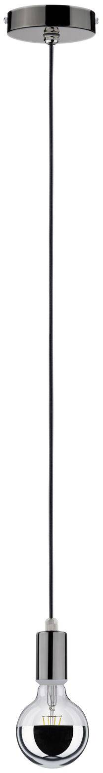 Obrázok znázorňuje modernú, minimalistickú závesnú lampu s priehľadnou žiarovkou a čiernym káblom.