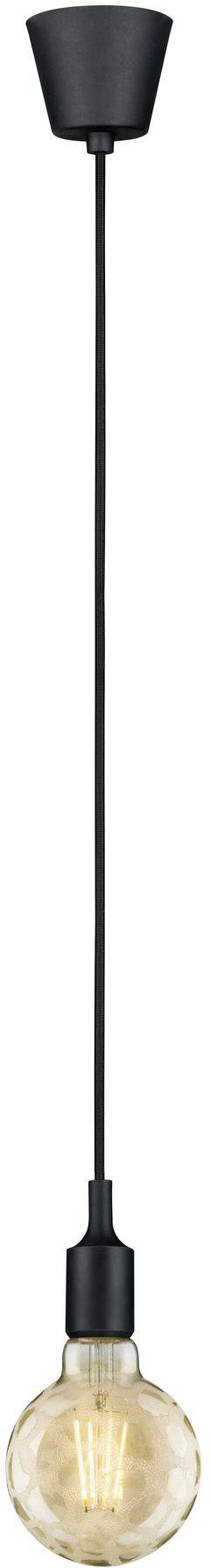 Visiaca závesná lampa s čiernym káblom a päticou, na ktorej je upevnená guľatá žiarovka. Žiarovka svieti.