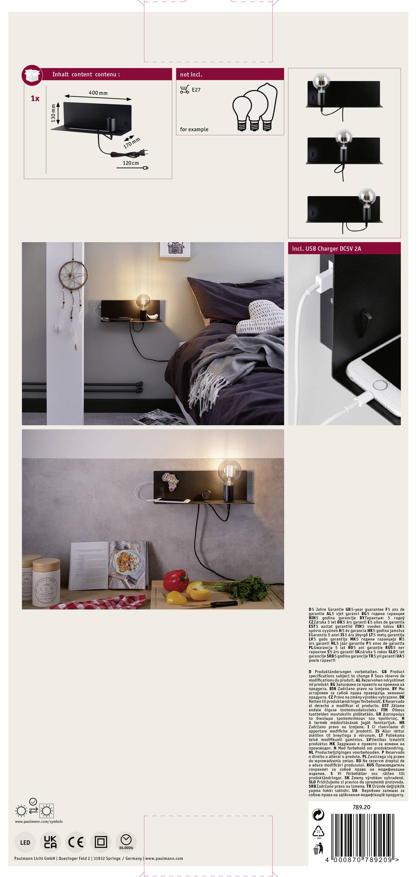 Nástenná lampa s policou do spálne. Hore vľavo: Rozmery a technické údaje produktu. Dolu: Lampa vedľa postele s dekoráciou a mobilným telefónom.