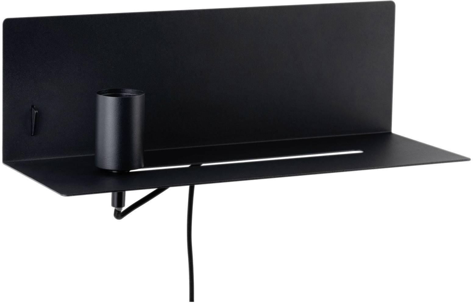 Čierna, minimalistická nástenná polica so zabudovaným valcovitým držiakom pier a priechodkou na káble.