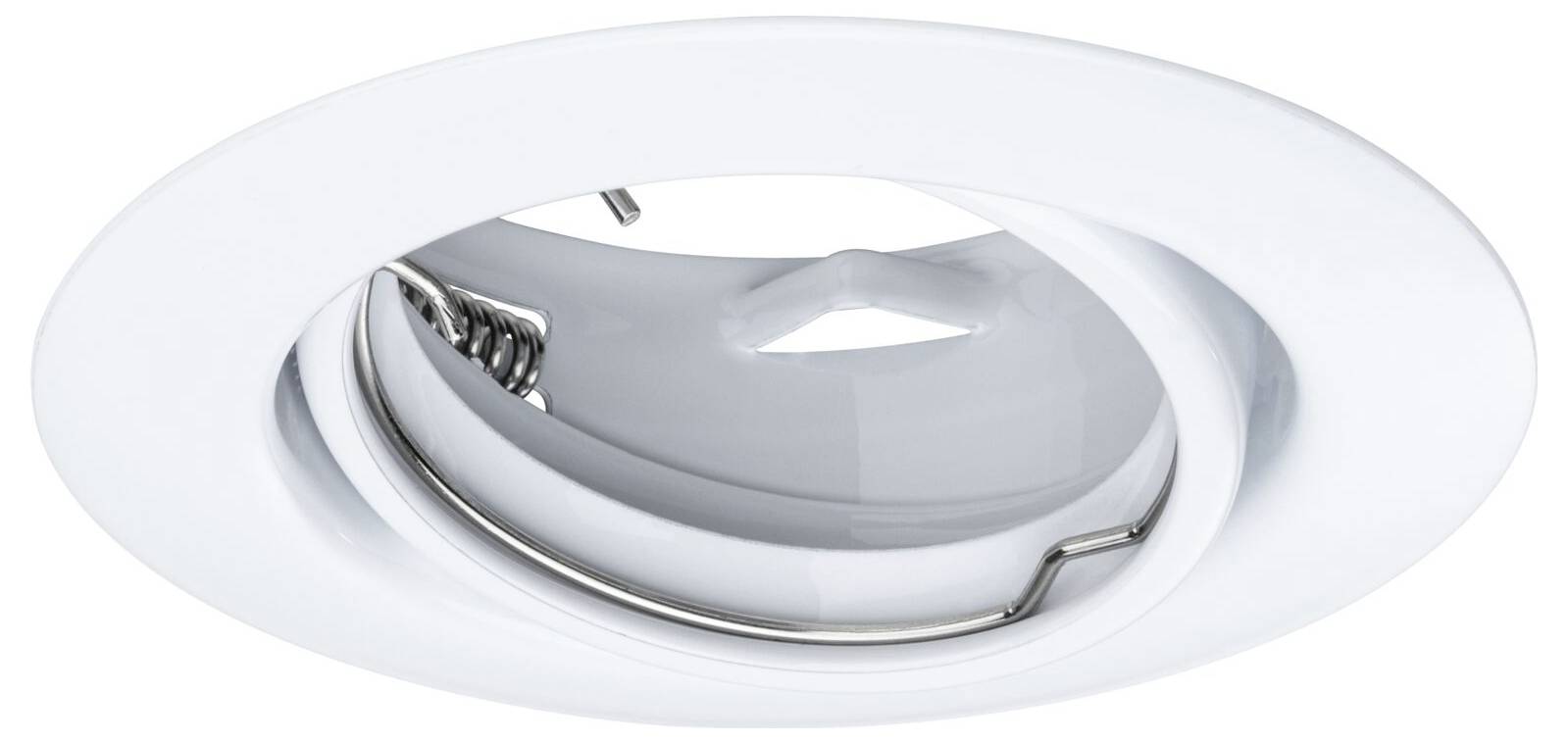 Biely stropný reflektor z kovu s guľatým lemovaním a nastaviteľným vnútorným telom.