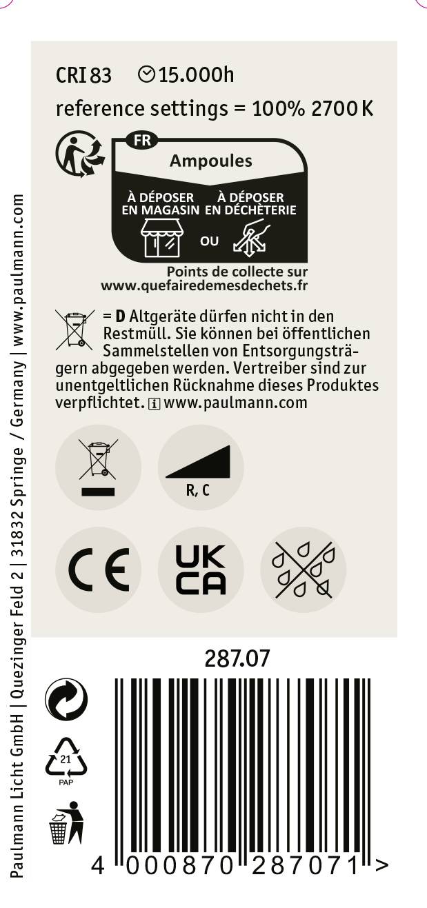'Údaje o lampe: CRI 83, 15 000 h, 2700 K. Symboly likvidácie: odovzdať v obchode alebo na zberných miestach. Webová stránka: www.paulmann.com'