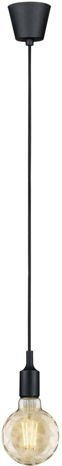 Samostatná závesná žiarovka s čiernou objímkou a káblom. Žiarovka svieti teplým a rovnomerným svetlom.