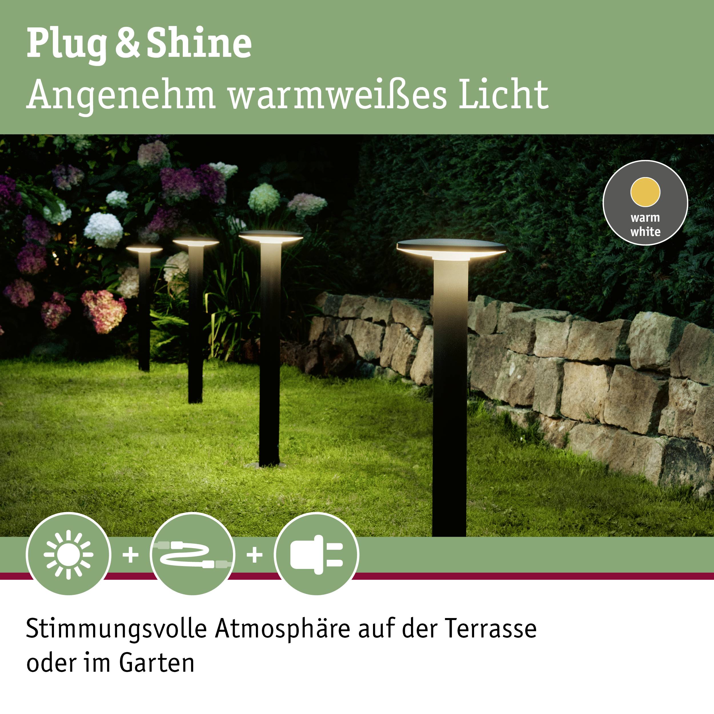Plug & Shine vonkajšie osvetlenie, teplé biele svetlo pozdĺž záhradného chodníka. Podporuje útulnú atmosféru na terase alebo v záhrade.