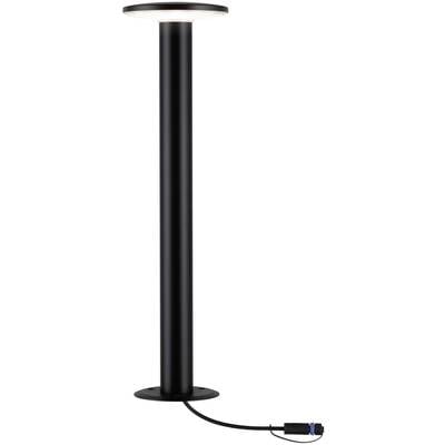 Čierna cylindrická stojanová lampa s okrúhlou základňou a káblom so zástrčkou.