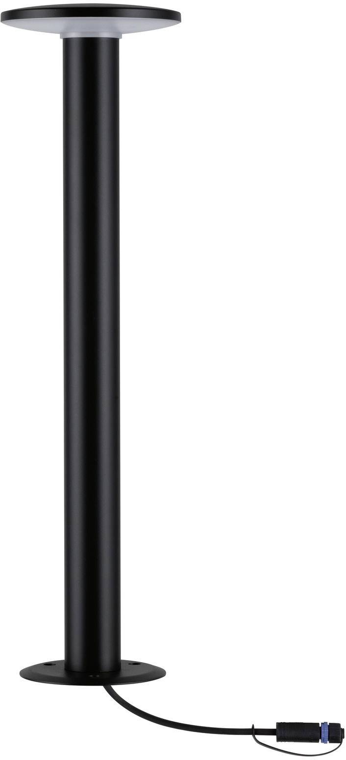 Čierna podlahová lampa s okrúhlou základňou a integrovaným káblovým pripojením.