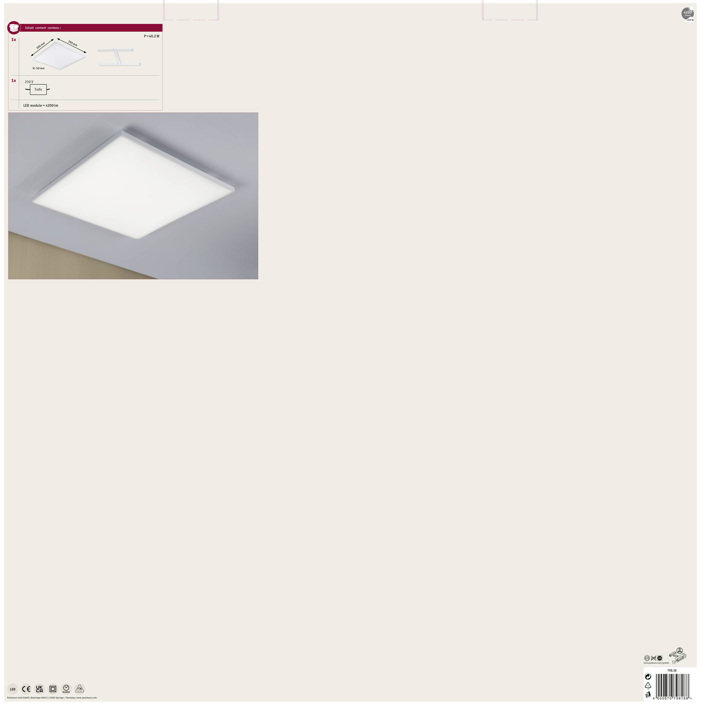 Biela štvorcová LED stropná lampa na béžovom pozadí. Návod na montáž a technické detaily sú zobrazené v ľavom hornom rohu.