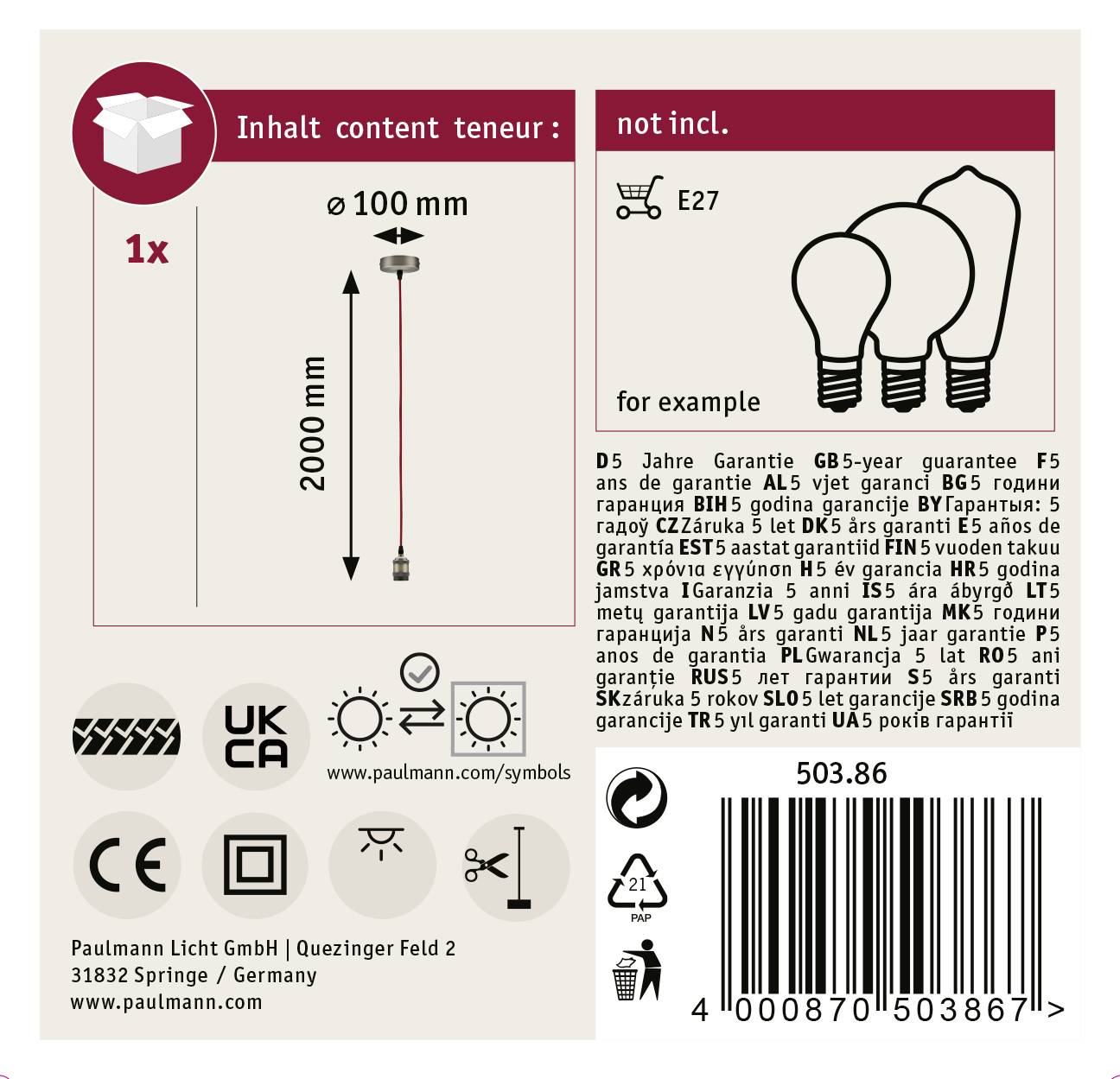 'Obrázok rozsahu dodávky: Objímka so zástrčkou a káblom s maximálnou dĺžkou 2000 mm. Žiarovky nie sú súčasťou dodávky.'