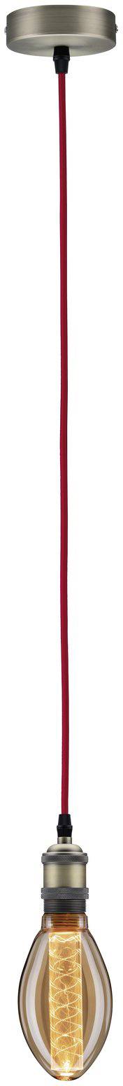 Závesná lampa s červeným káblom a Edison žiarovkou, ktorá vytvára svetlo v miestnosti.