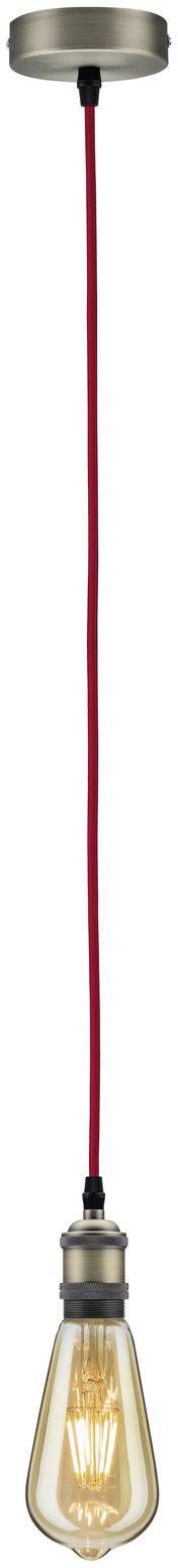 Závesná lampa s červeným káblom a žiarovkou v štýle vintage, zavesená od stropu.