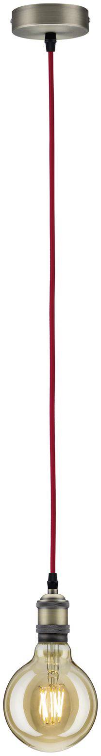 Závesná lampa so viditeľnou, priesvitnou žiarovkou a červeným káblom, ktorá visí z montážneho prvku na strope.