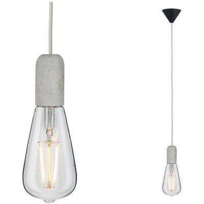 Závesná lampa s betónovou objímkou a dizajnom priehľadnej žiarovky, osvetlená. Moderný, minimalistický dizajn do interiéru.