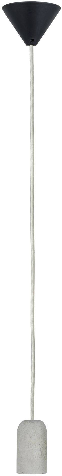 Minimalistická závesná lampa s betónovou objímkou a čiernym tienidlom, zavesená na dlhom bielom kábli.