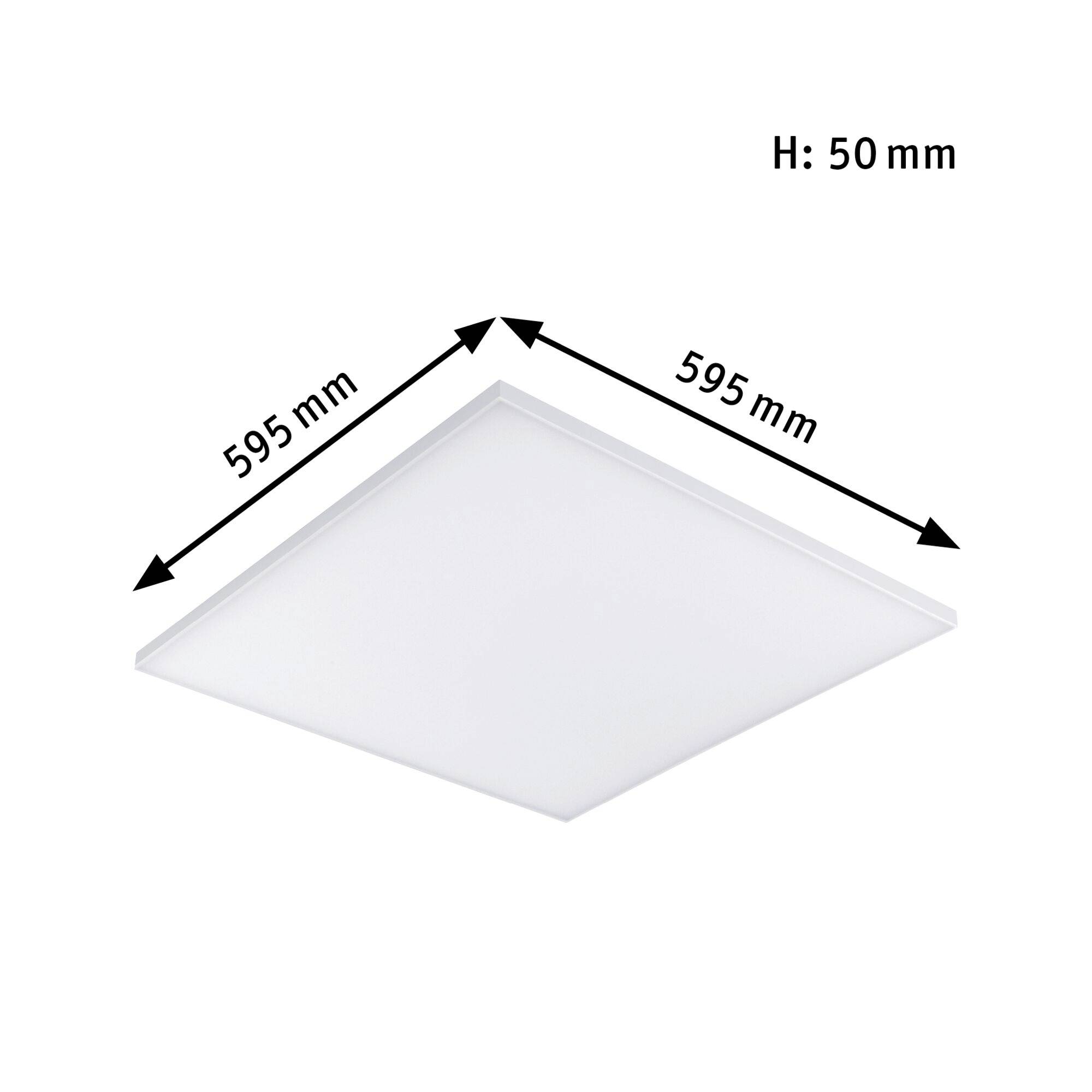 LED panel, štvorcový, 595 x 595 mm, výška 50 mm, vhodný na montáž na strop, primárne navrhnutý na osvetľovacie účely.