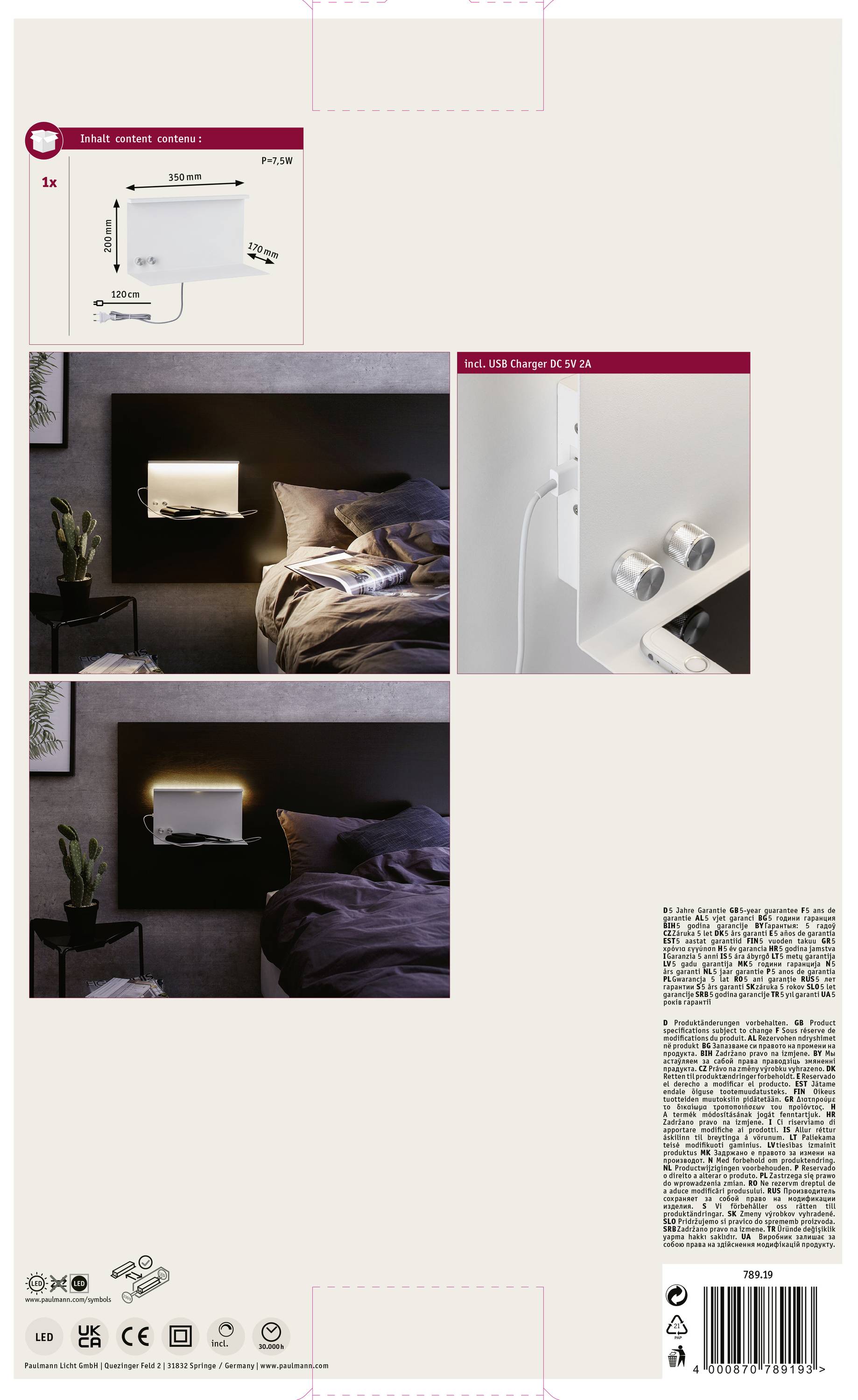 Popisy nástennej zásuvky s USB nabíjaním: pohľad počas dňa a v noci v spálni, detailný záber na prípojné miesta.