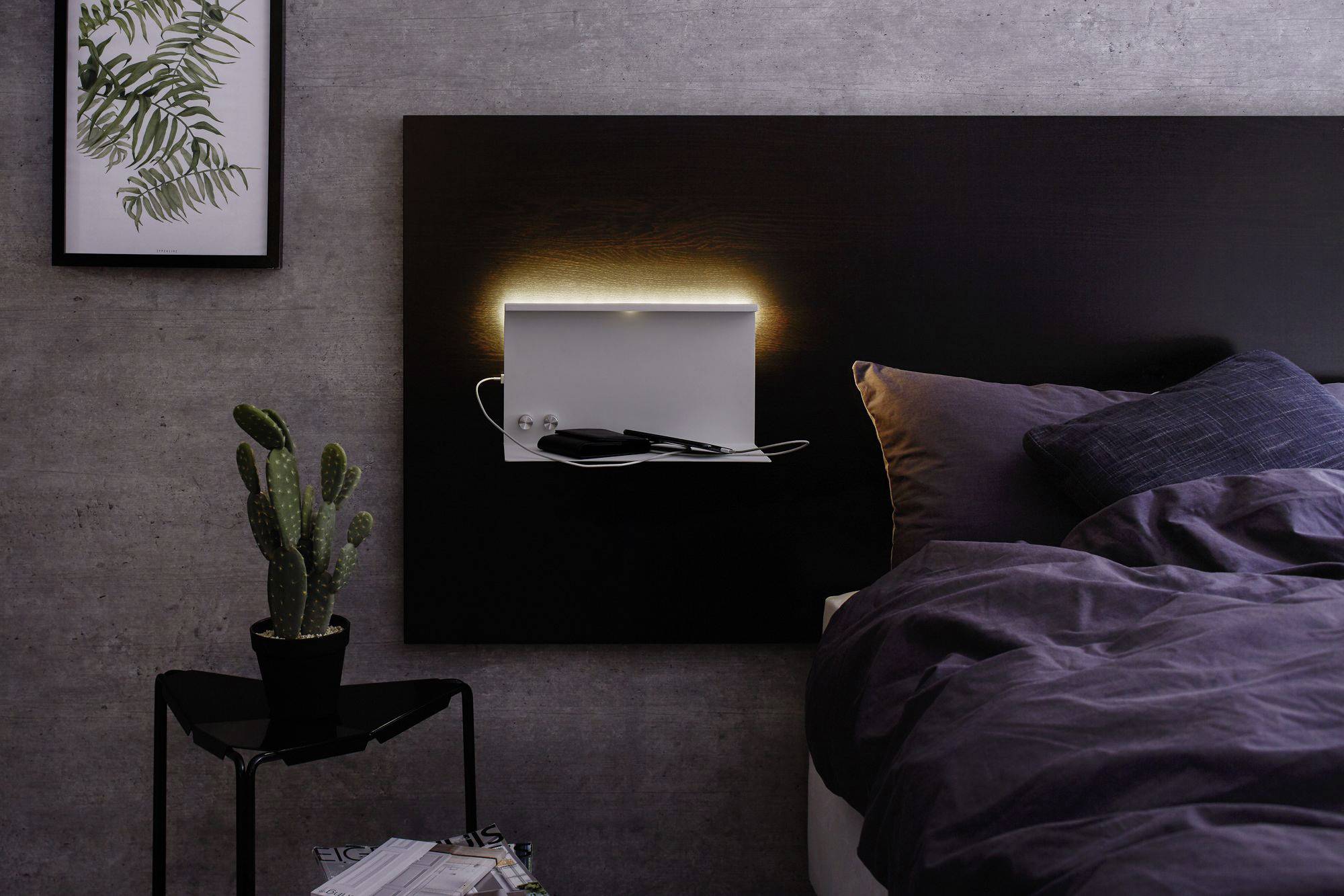 'Spálňa s tmavou posteľou, osvetlenou policou s knihou a okuliarmi, obrázkom paprade na stene, malým stolíkom s kaktusom.'