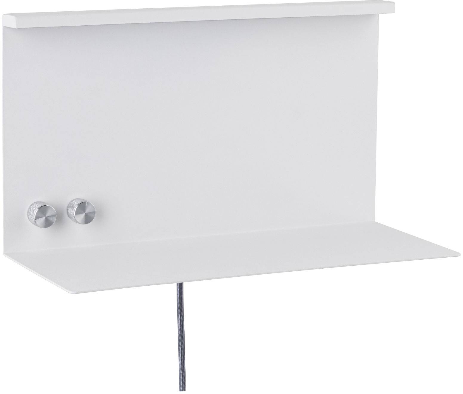 Biela nástenná polička s dvoma okrúhlymi gombíkmi a káblom. Vhodná na odloženie malých zariadení alebo ako dekoratívny prvok.