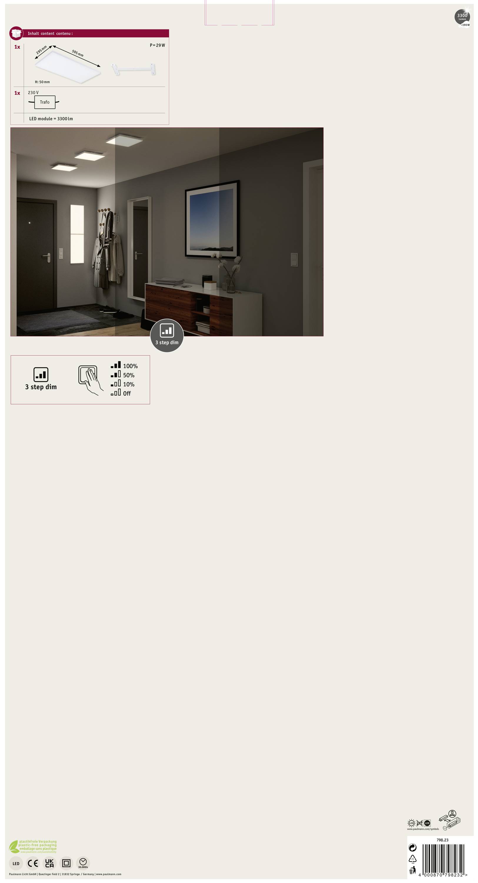 Vstupná hala s chodbou; nástenná lampa vyžaruje teplé svetlo na šatníkovú skriňu a komodu. Diagram hore zobrazuje schému osvetlenia s hodnotami.