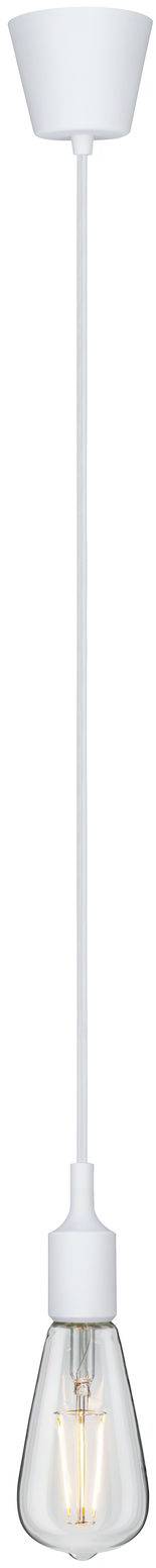 Biela závesná lampa s priehľadným skleneným tienidlom a viditeľnou žiarovkou. Závesné svietidlo pre moderné interiéry.