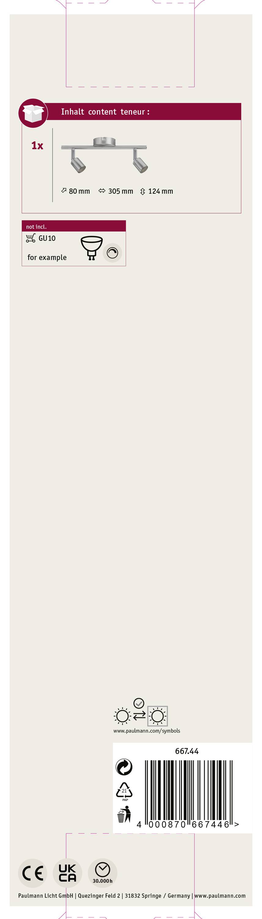 Zadná strana obalu lampy zobrazuje rozmery: 80 cm, 305 cm a 124 cm; obsahuje symboly energetickej účinnosti a bezpečnosti.