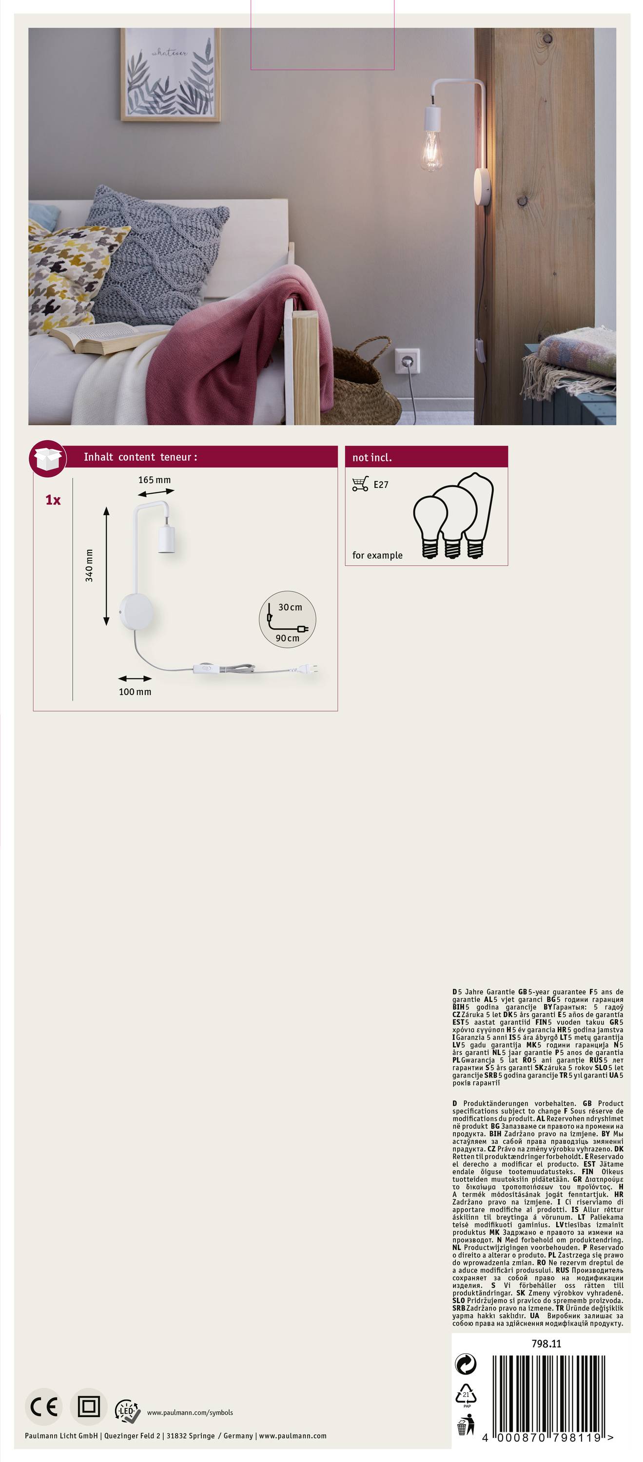 'Svetelná súprava s káblom, vypínačom a zástrčkou; E27, max. 15W. Obrázok znázorňuje možné použitie ako nočná lampa. Béžová stena v pozadí.'