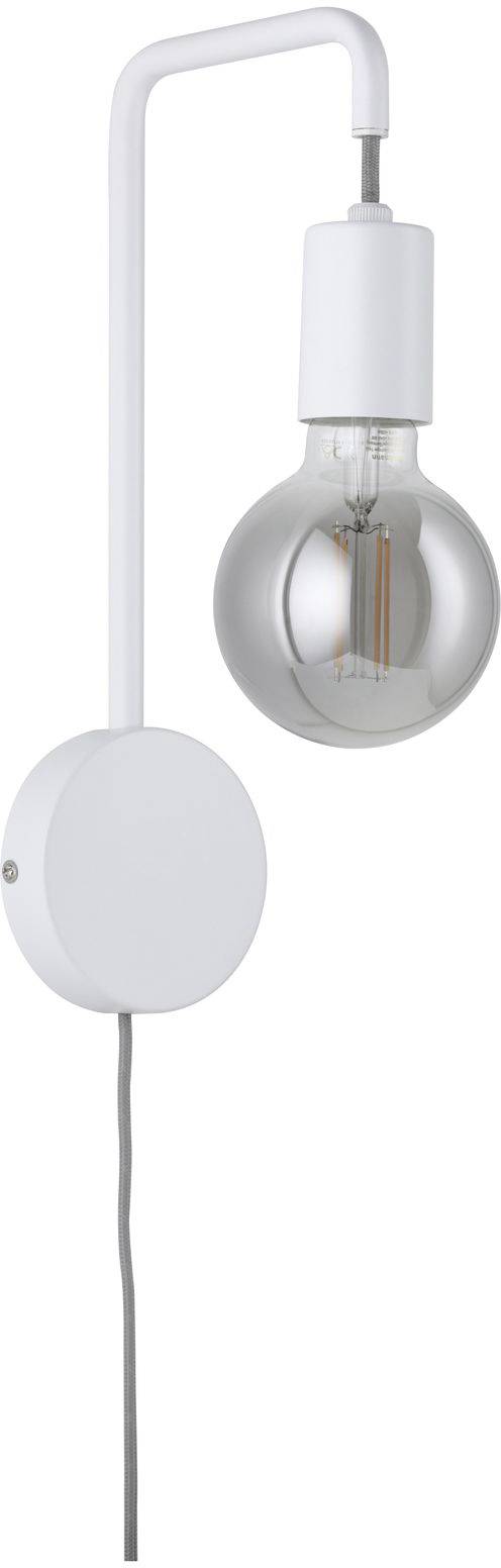 Moderná, biela nástenná lampa so žiarovkou a zaoblenným dizajnom, ideálna pre súčasné interiéry.