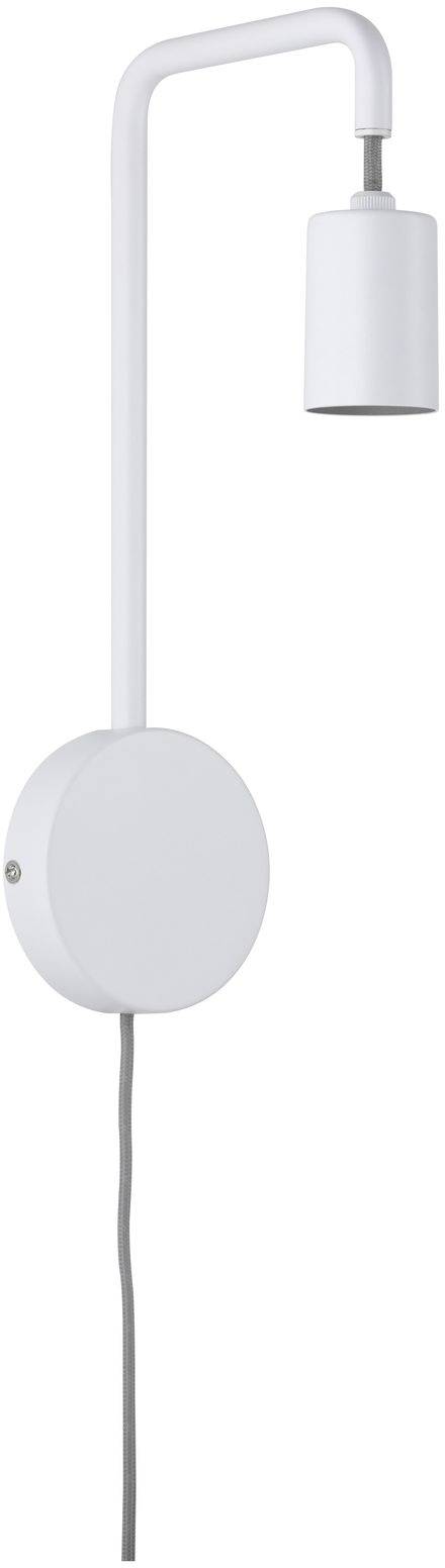 Biela, minimalistická nástenná lampa s okrúhlou základňou a zakrivením ramena. Textilný kábel vedie zvisle smerom nadol.