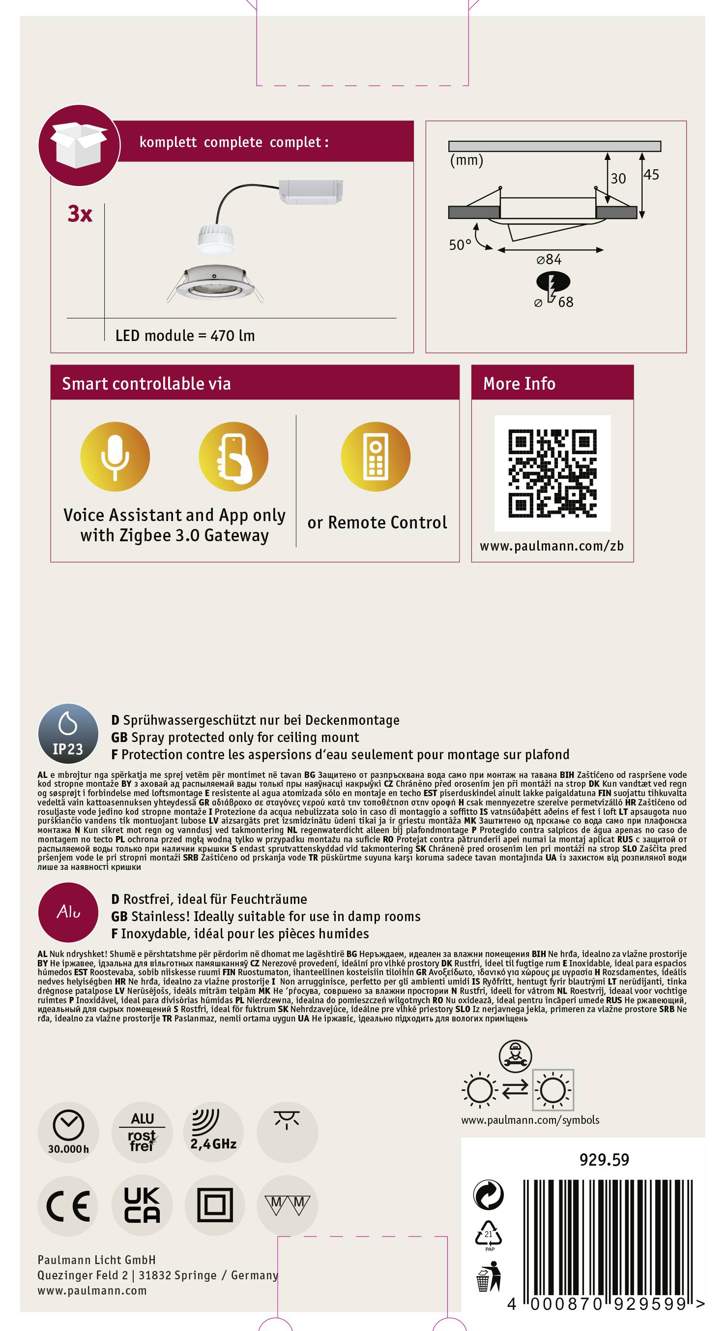 LED modul 3x, 470 lm, IP23, teplá biela, inteligentne ovládateľný cez Zigbee 3.0 Gateway alebo diaľkové ovládanie. Len na montáž na strop.