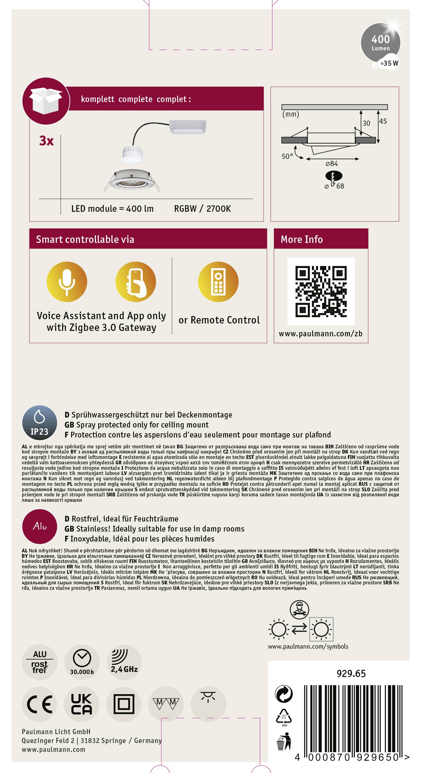 LED stropné svietidlo: 3x LED moduly, 400 lm, RGBW/2700K. Ovládateľné prostredníctvom hlasového asistenta a aplikácie. Stupeň krytia: IP23. Vhodné pre suché priestory.