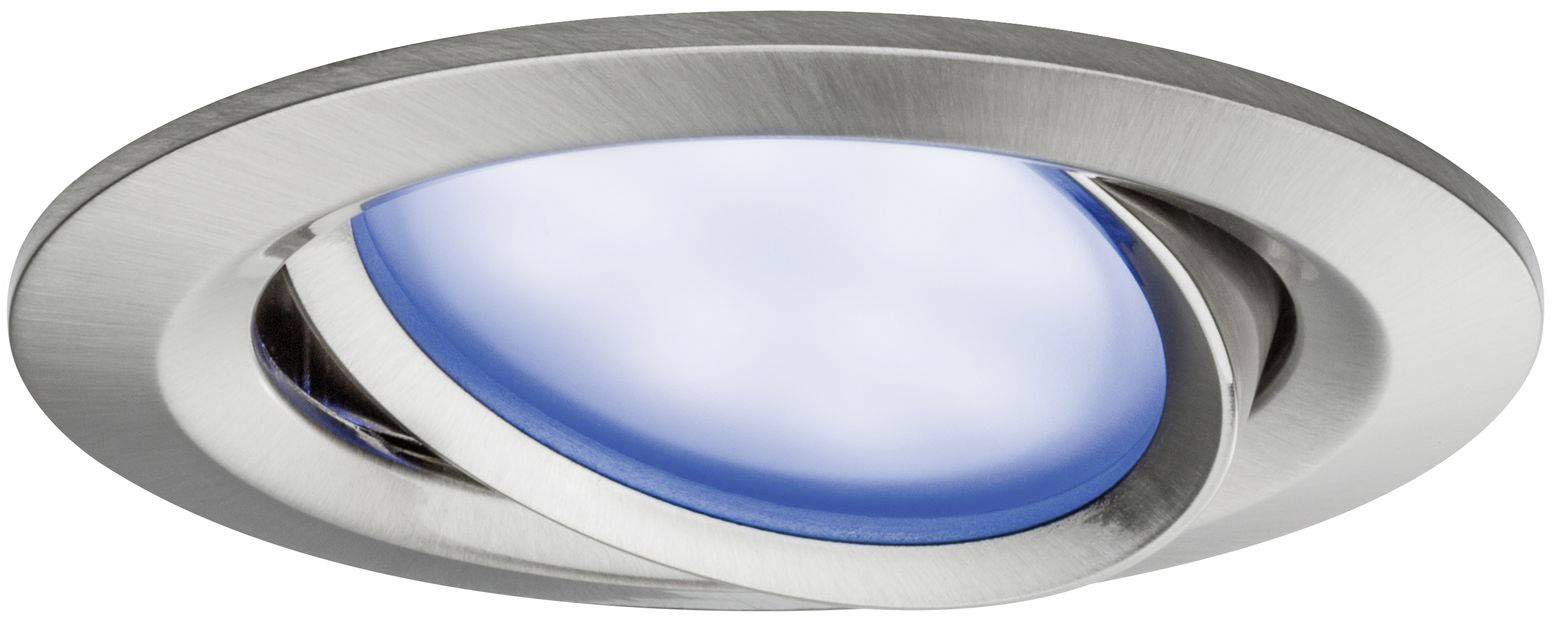 Okrúhly, nastaviteľný LED stropný reflektor so strieborným rámom a modravým svetlom, vhodný pre modernú interiérovú osvetlenie.