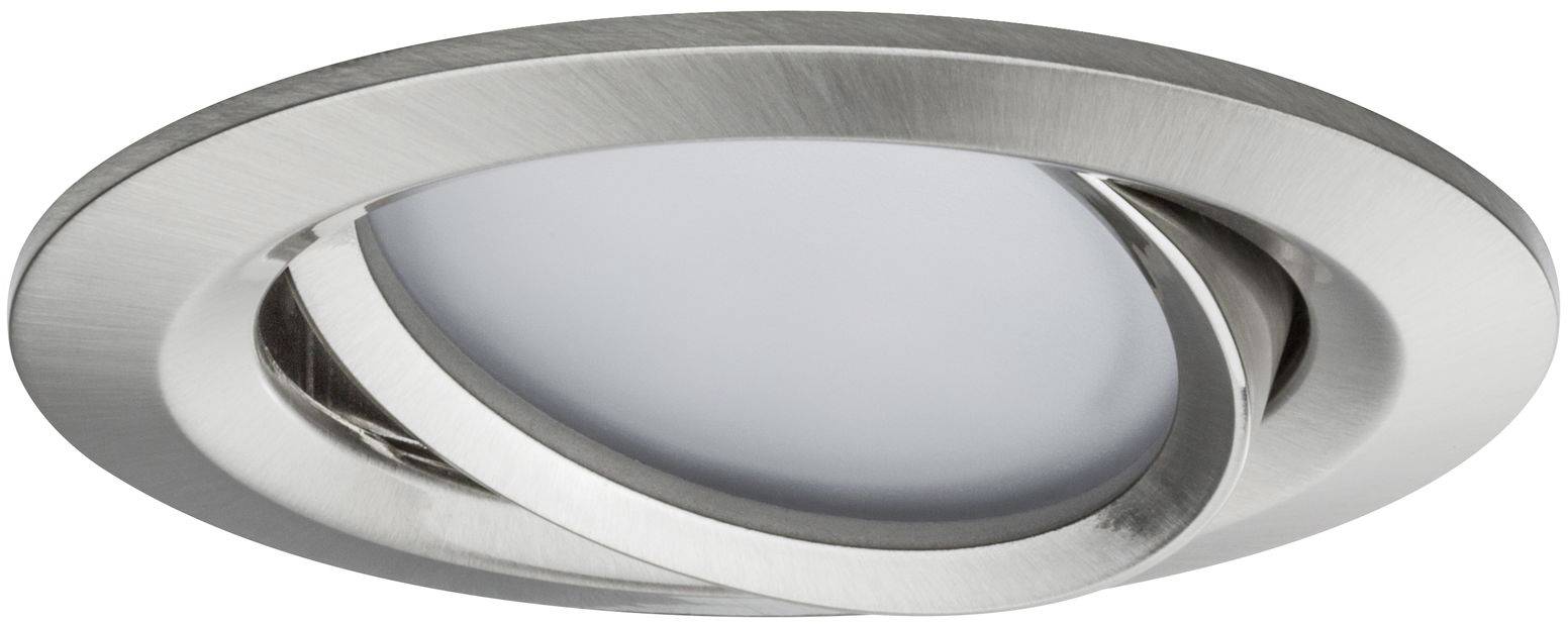 Guľatý, otočný stropný reflektor z brúseného kovu s bielym svetelným zdrojom v strede, vhodný do moderných interiérov.