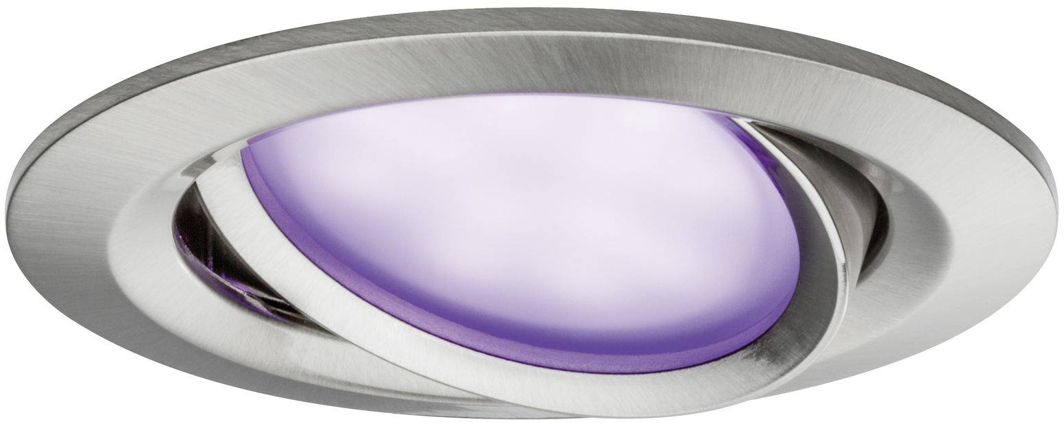 Okrúhly stropný reflektor s kartáčovaným kovovým rámom. Svetlo svieti jemným fialovým odtieňom.