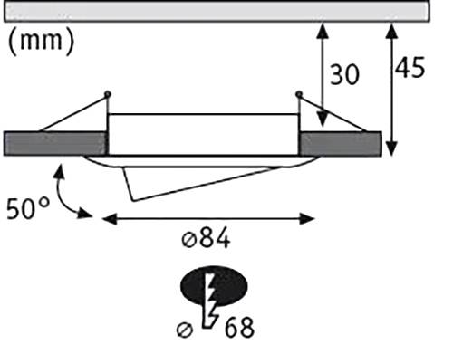 Diagram vstavaného svetla s rozmermi: priemer 84 mm, montážny otvor 68 mm, výška 45 mm, uhol sklonu 50 stupňov.