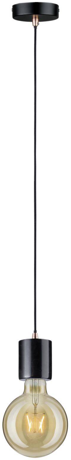 Závesná lampa s čiernym káblom a úchytom, so svetlou žiarovkou. Moderný dizajn pre osvetlenie obývacej alebo jedálenskej izby.