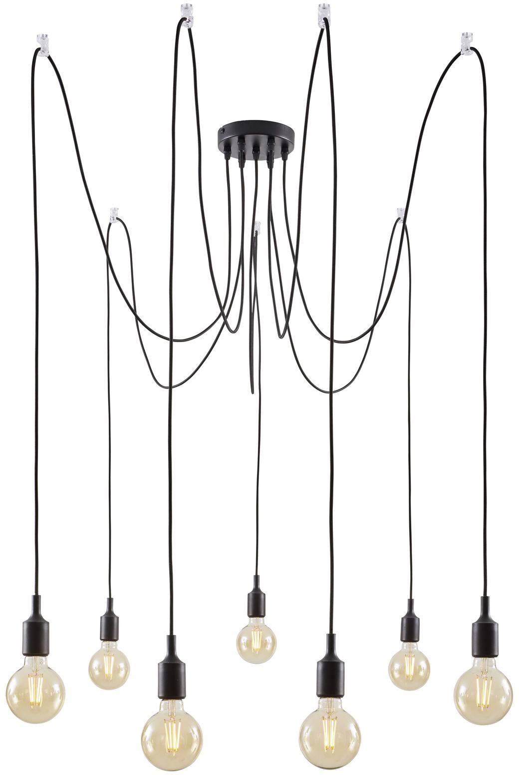 Závesná lampa s viacerými žiarovkami na dlhých, zakrivených kábloch, pripevnená na strope. Moderný a dekoratívny dizajn.